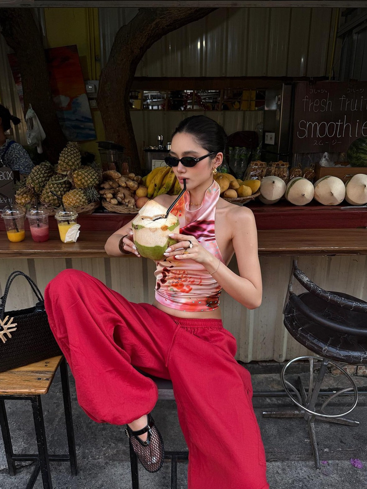 rovente Blazing Flame Print Red Cargo Utility Casual Loose Women's Linen Wide-leg Pants
