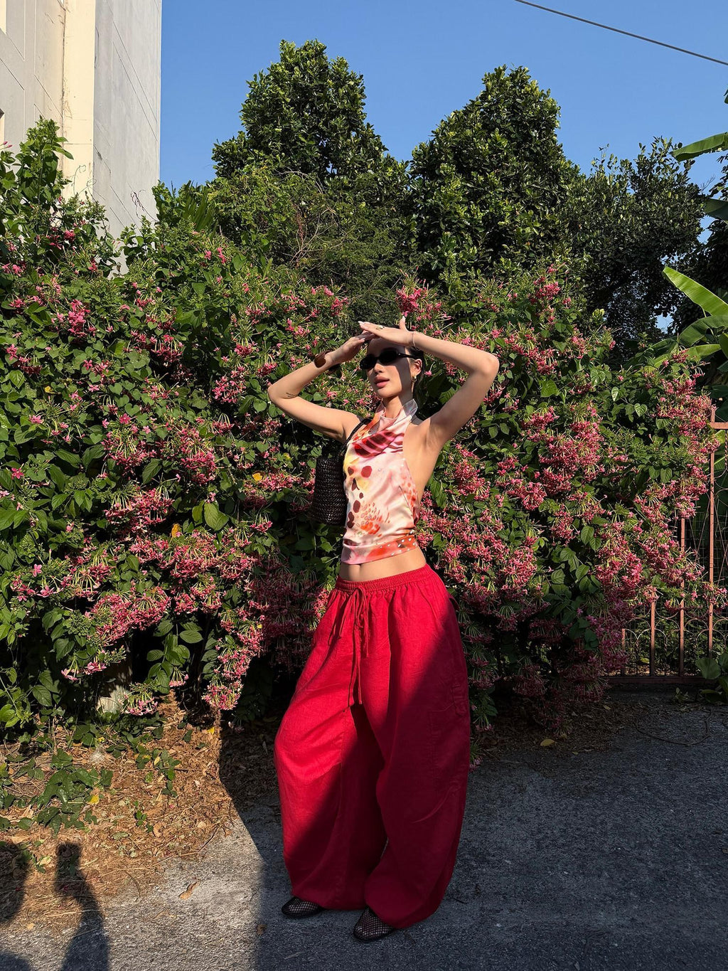 rovente Blazing Flame Print Red Cargo Utility Casual Loose Women's Linen Wide-leg Pants