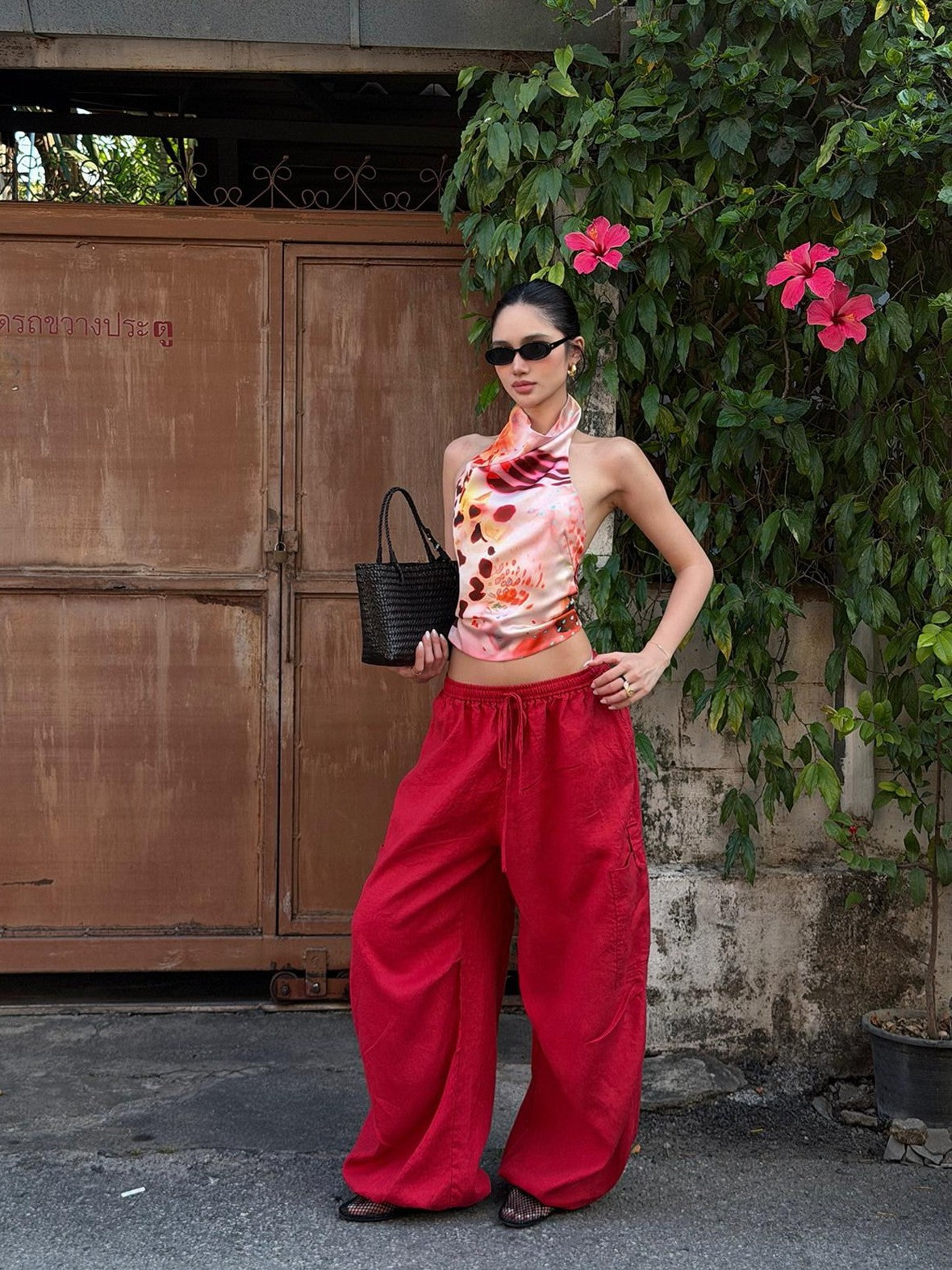 rovente Blazing Flame Print Red Cargo Utility Casual Loose Women's Linen Wide-leg Pants