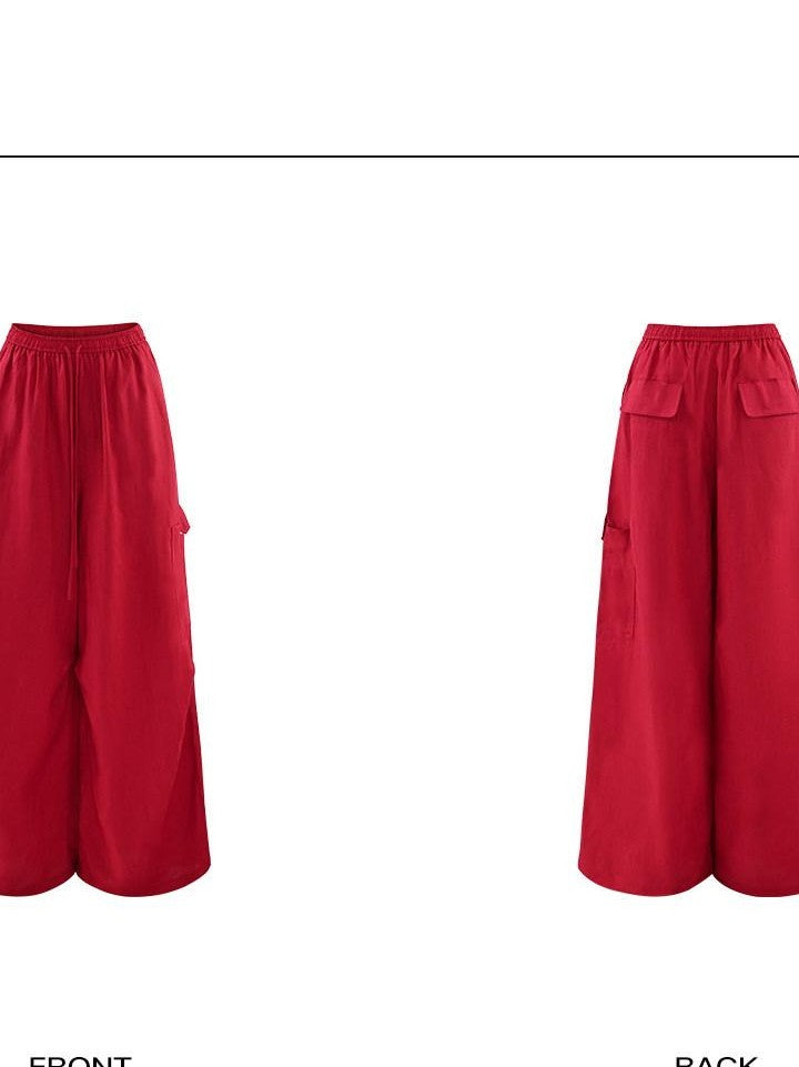 rovente Blazing Flame Print Red Cargo Utility Casual Loose Women's Linen Wide-leg Pants