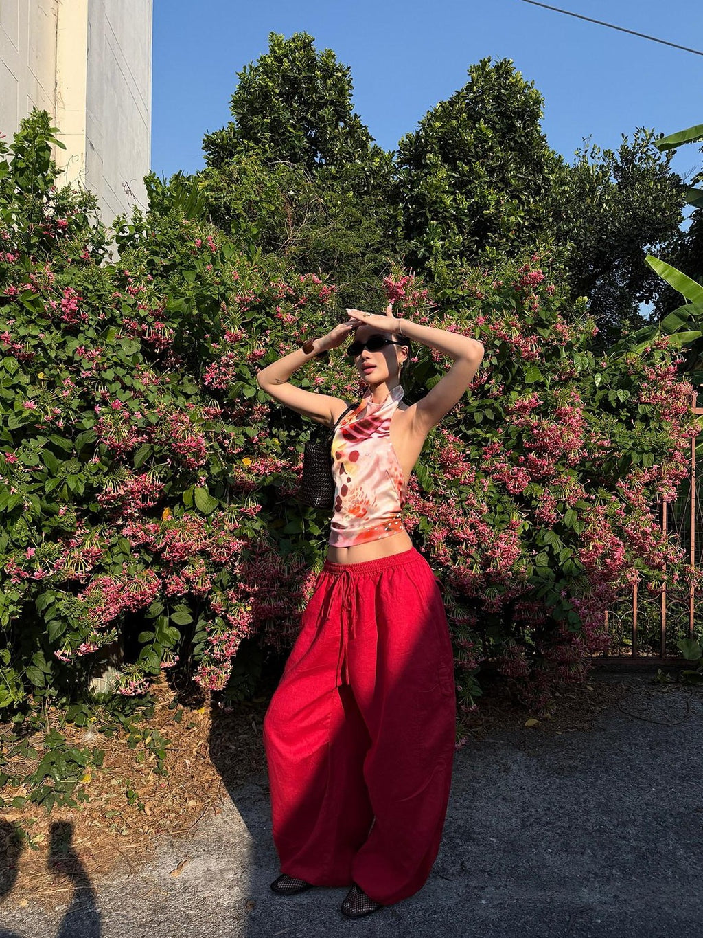 rovente Blazing Flame Print Red Cargo Utility Casual Loose Women's Linen Wide-leg Pants