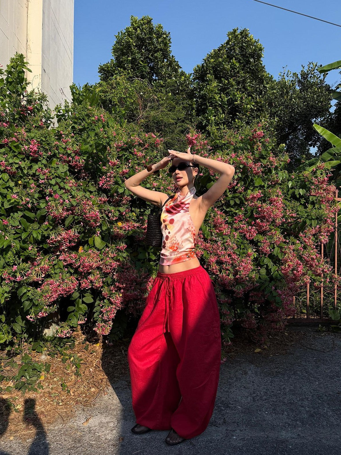 rovente Blazing Flame Print Red Cargo Utility Casual Loose Women's Linen Wide-leg Pants