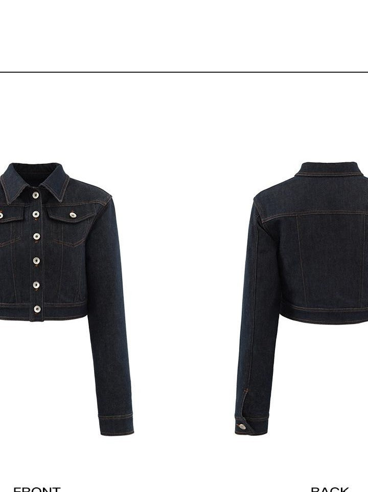 rovente Blue Denim Buttoned Slim Lapel Women's Cotton Cropped Jackets