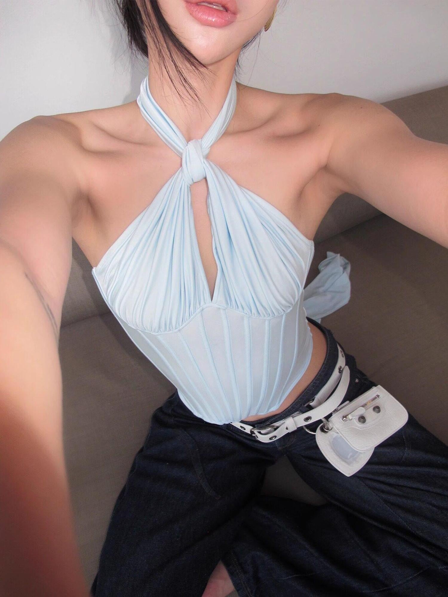 rovente Blue Fishbone Boned Waist Cinch Padded Women's Nylon Spandex Halter Tops