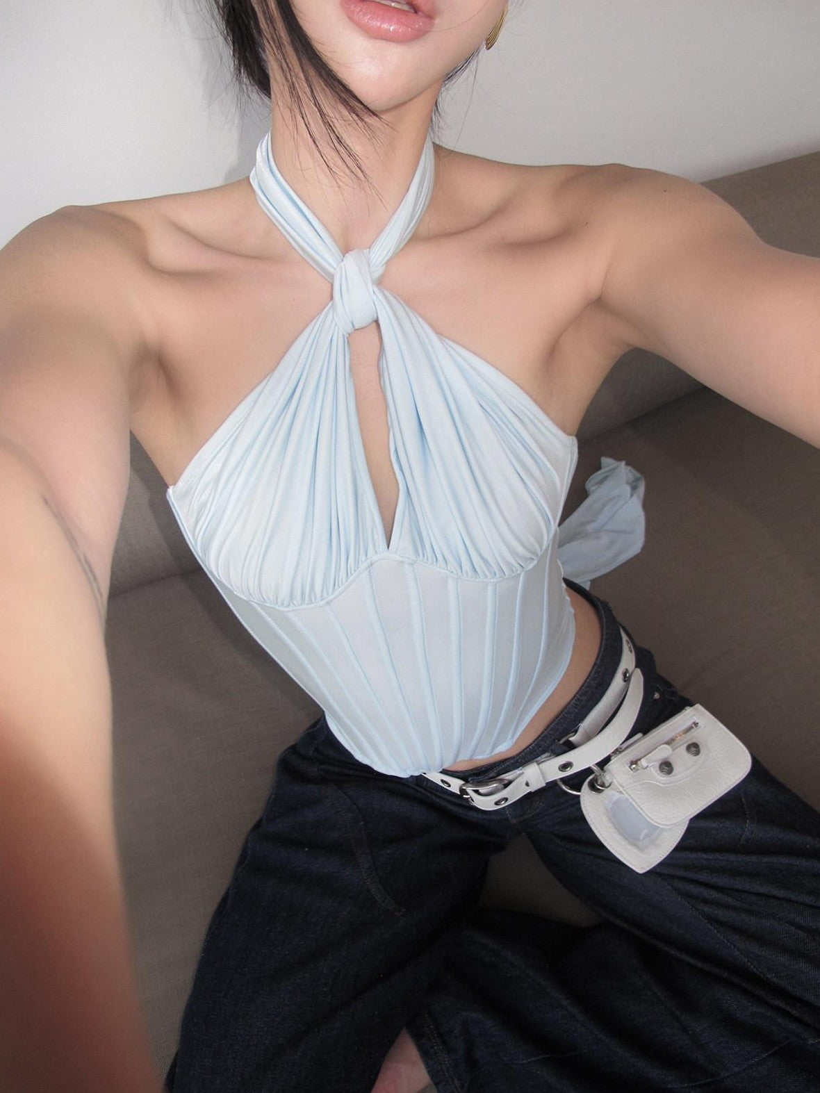 rovente Blue Fishbone Boned Waist Cinch Padded Women's Nylon Spandex Halter Tops