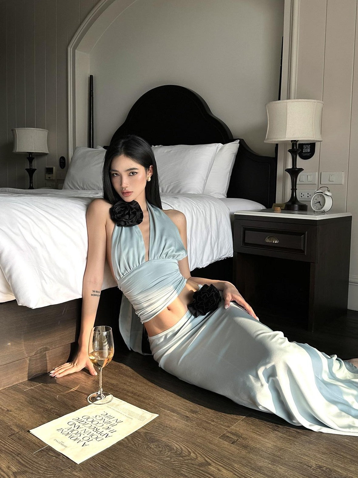 rovente Blue Halter Cami Mermaid Fishtail Women's Acetate Satin Matching Skirt Sets