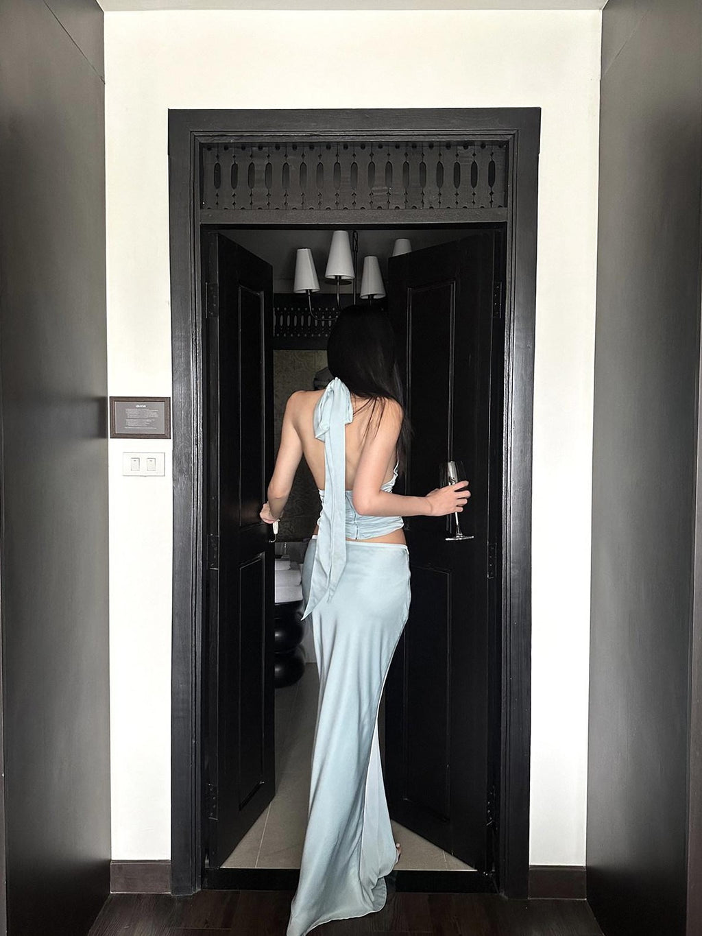 rovente Blue Halter Cami Mermaid Fishtail Women's Acetate Satin Matching Skirt Sets
