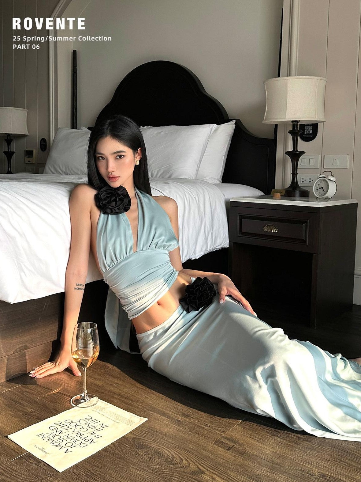 rovente Blue Halter Cami Mermaid Fishtail Women's Acetate Satin Matching Skirt Sets
