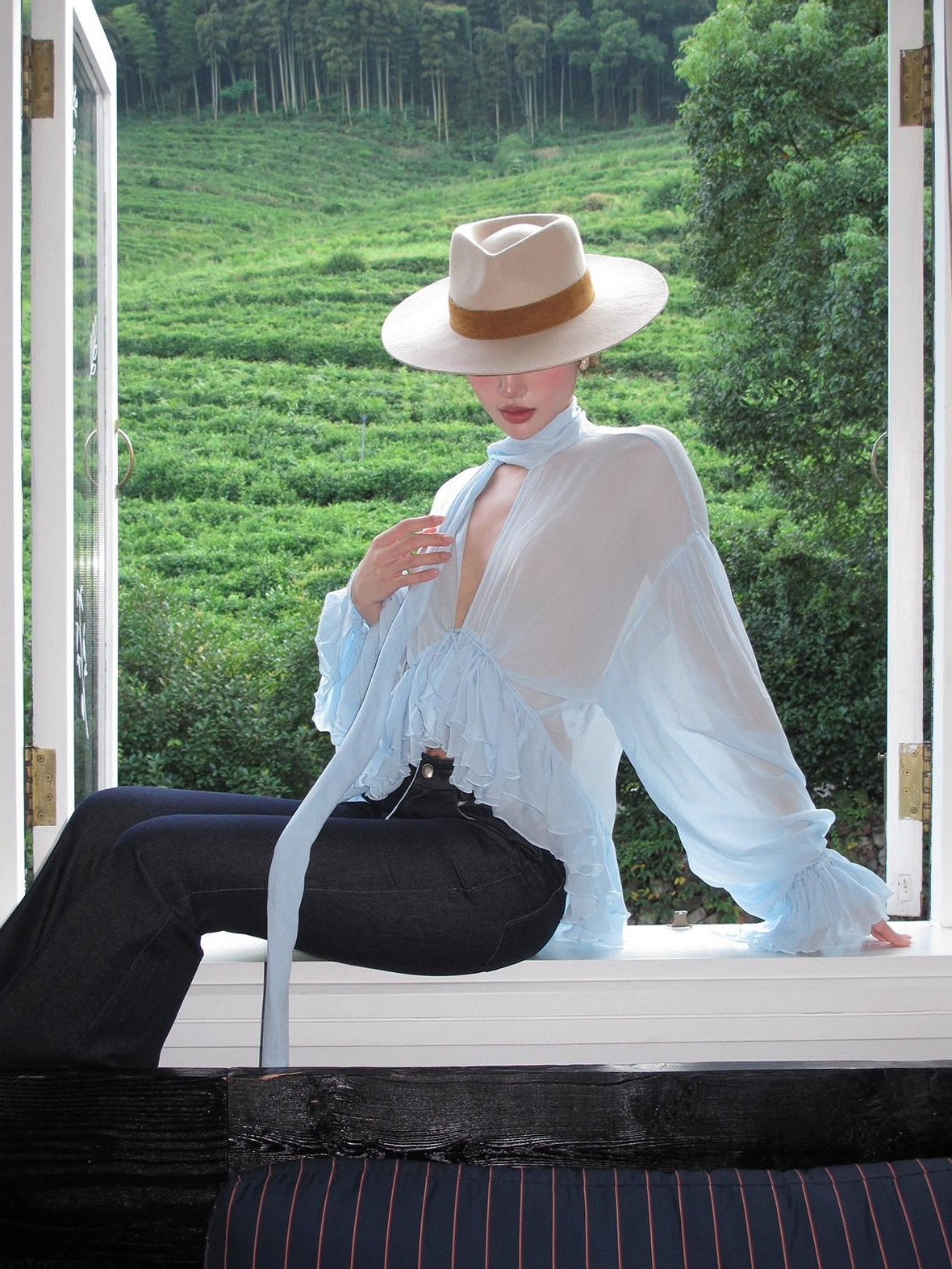 rovente Blue Ruffle V-neck Loose Long Sleeve Women's Breathable Woven Sheer Shirts