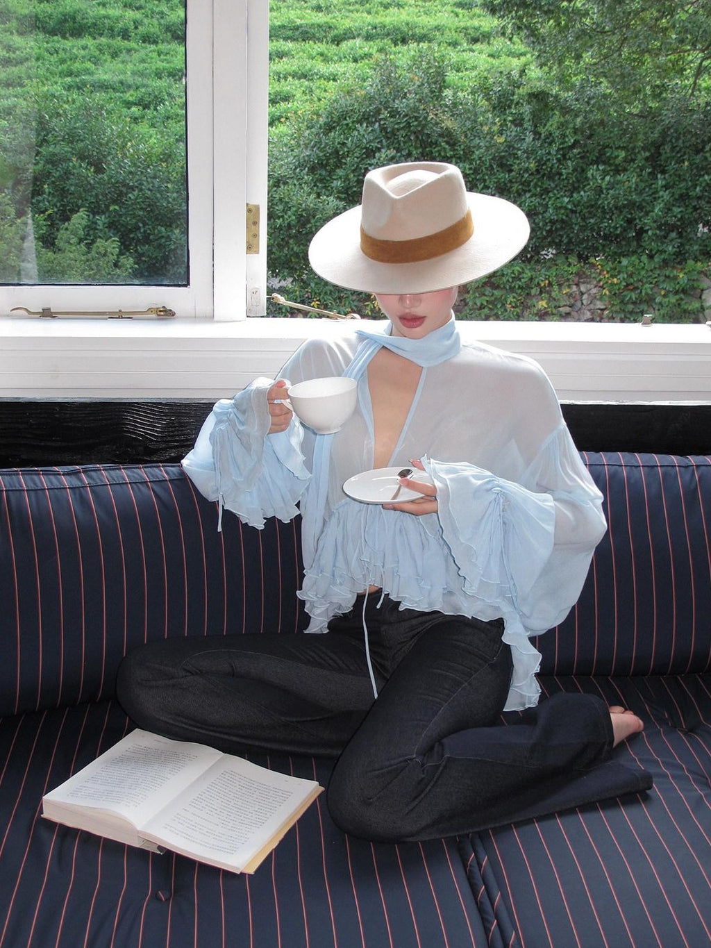 rovente Blue Ruffle V-neck Loose Long Sleeve Women's Breathable Woven Sheer Shirts