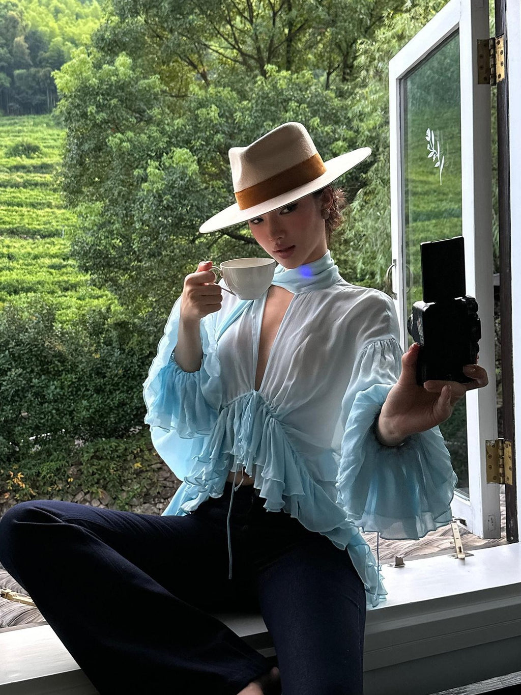 rovente Blue Ruffle V-neck Loose Long Sleeve Women's Breathable Woven Sheer Shirts
