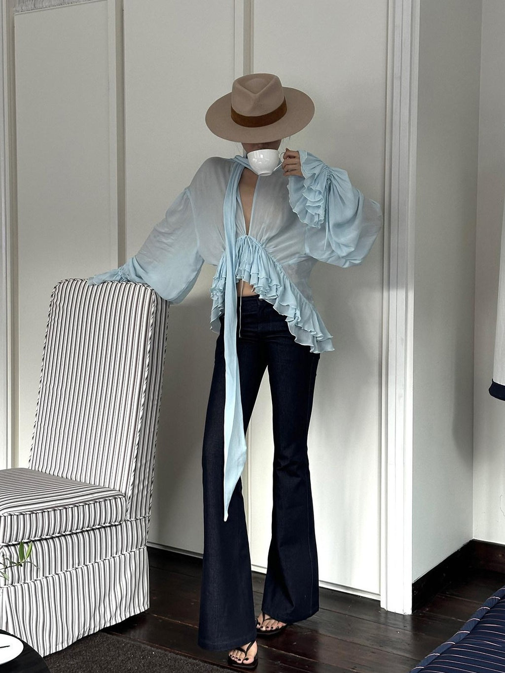 rovente Blue Ruffle V-neck Loose Long Sleeve Women's Breathable Woven Sheer Shirts