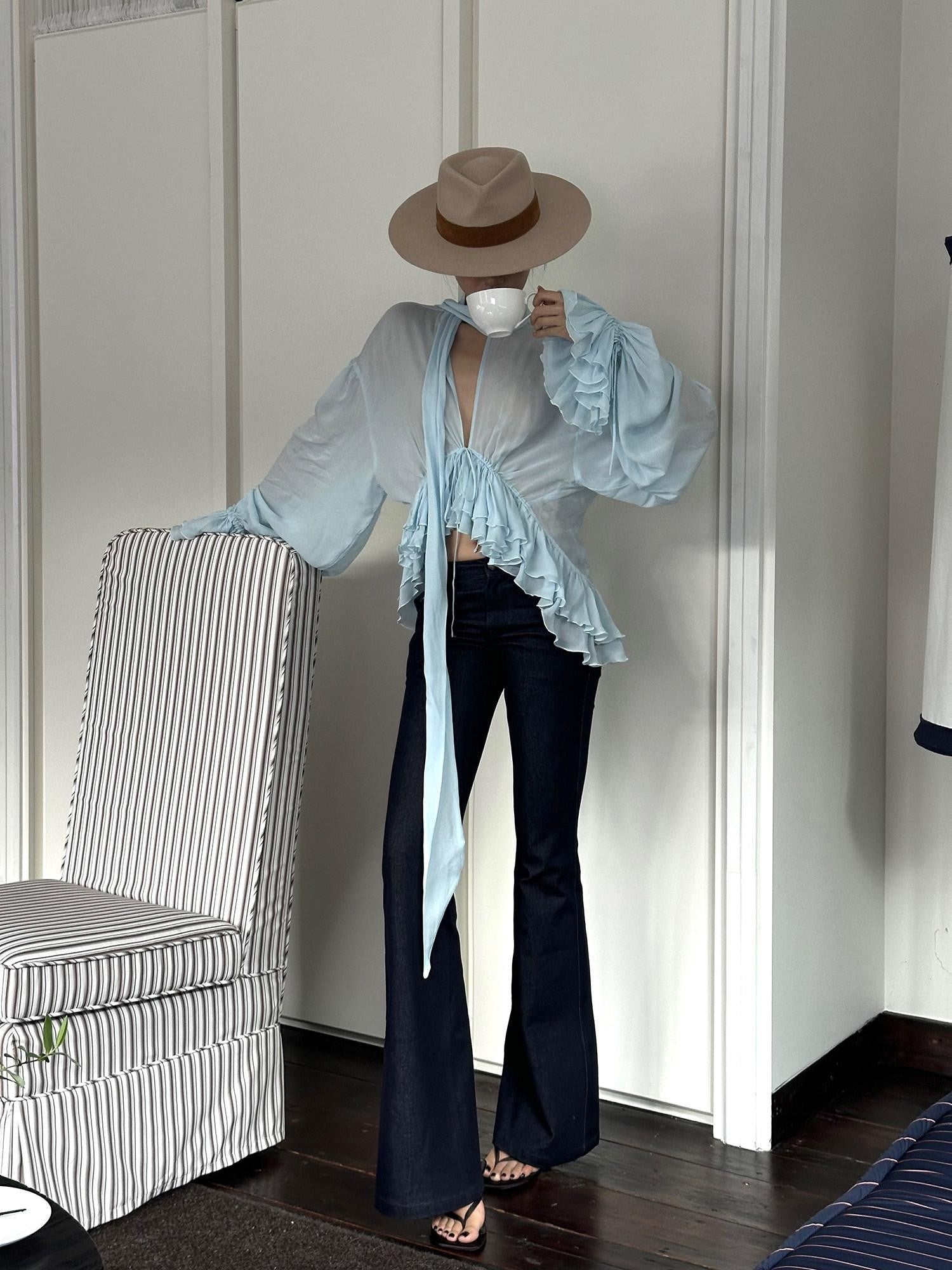 rovente Blue Ruffle V-neck Loose Long Sleeve Women's Breathable Woven Sheer Shirts