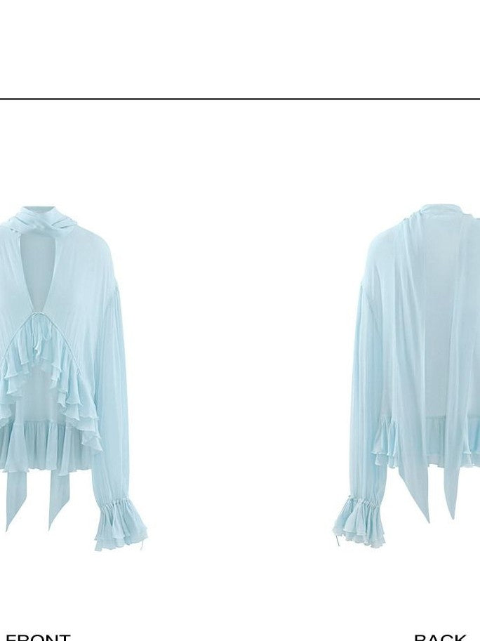rovente Blue Ruffle V-neck Loose Long Sleeve Women's Breathable Woven Sheer Shirts