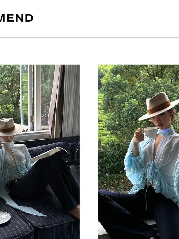rovente Blue Ruffle V-neck Loose Long Sleeve Women's Breathable Woven Sheer Shirts