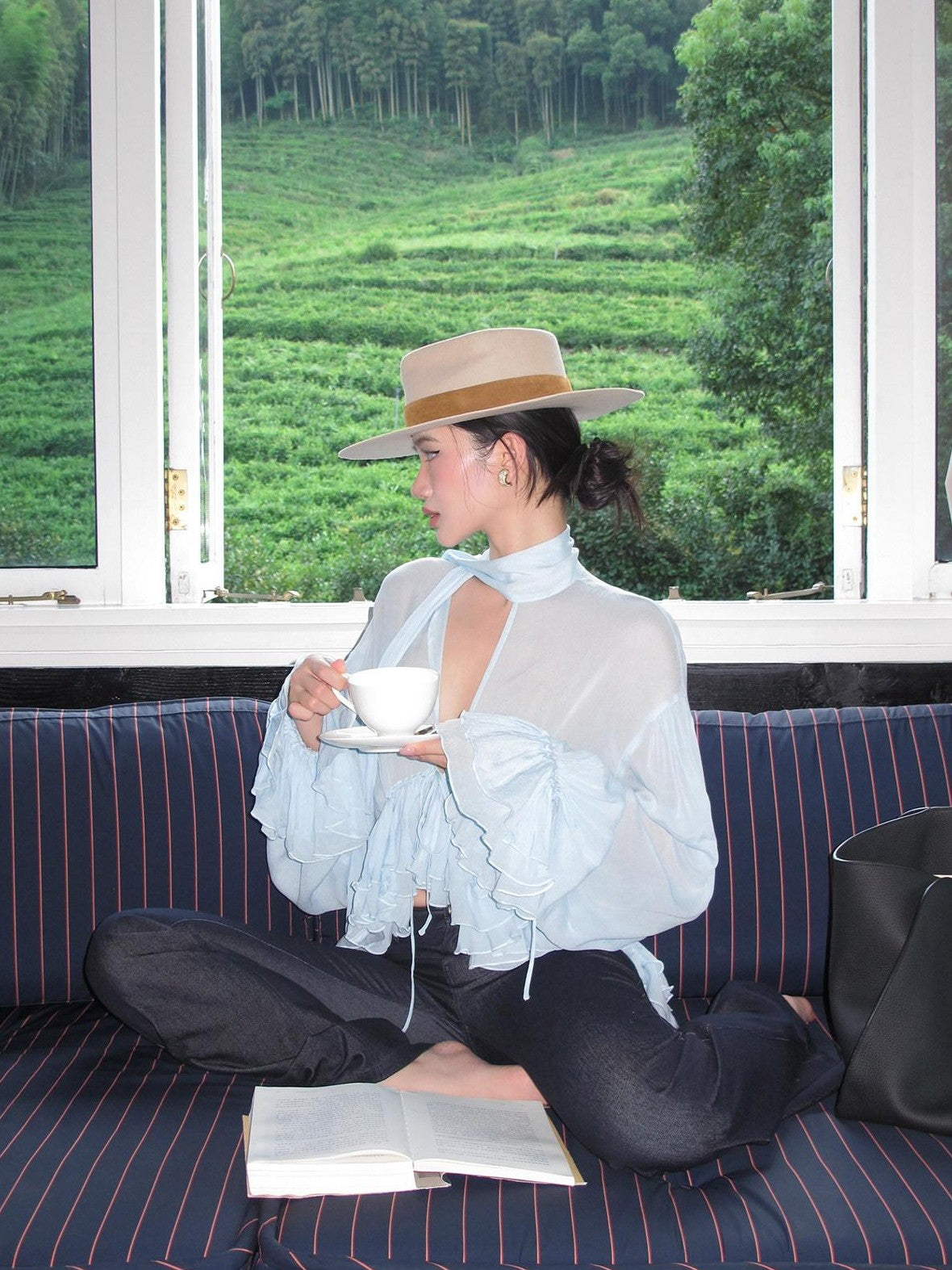 rovente Blue Ruffle V-neck Loose Long Sleeve Women's Breathable Woven Sheer Shirts