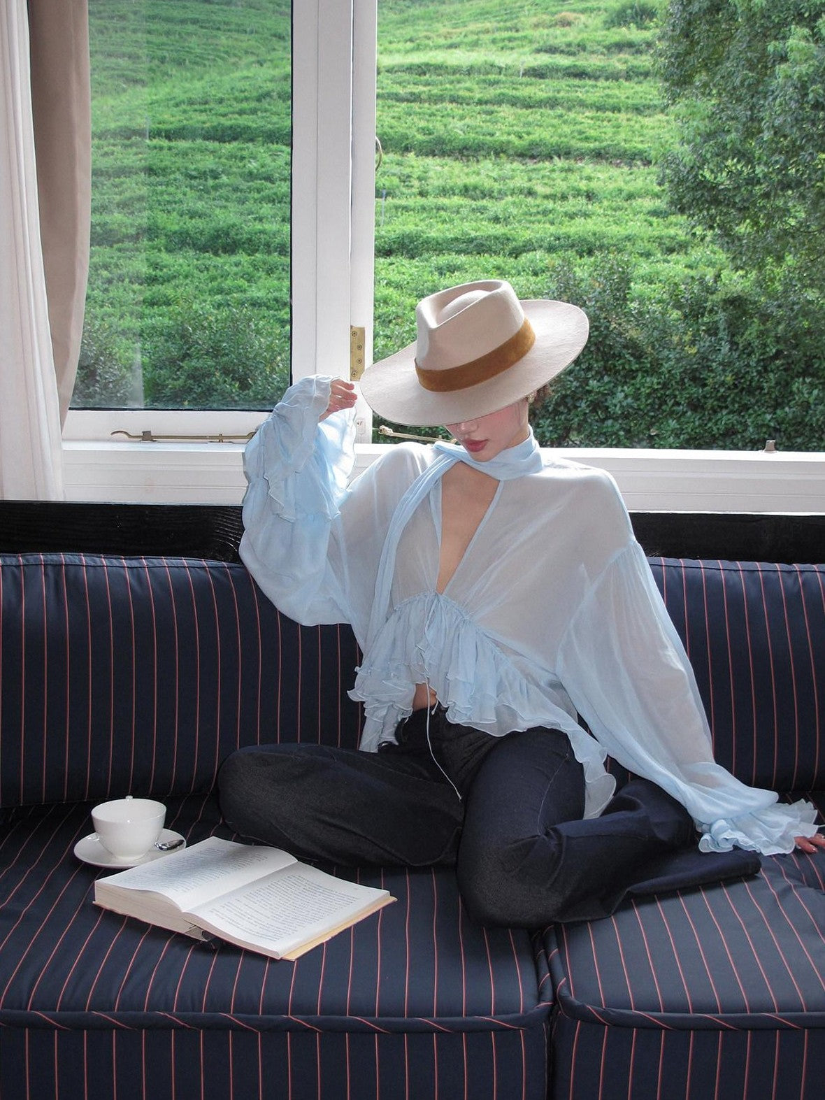 rovente Blue Ruffle V-neck Loose Long Sleeve Women's Breathable Woven Sheer Shirts