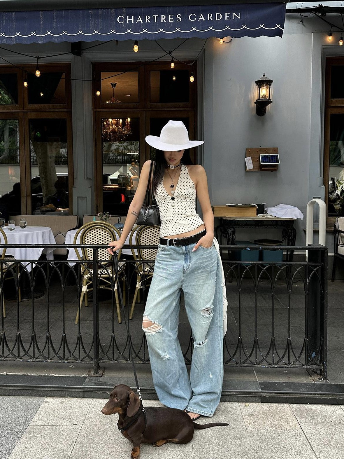 rovente Blue Wash Irregular Distressed Low Rise Women's Cotton Wide-leg Jeans