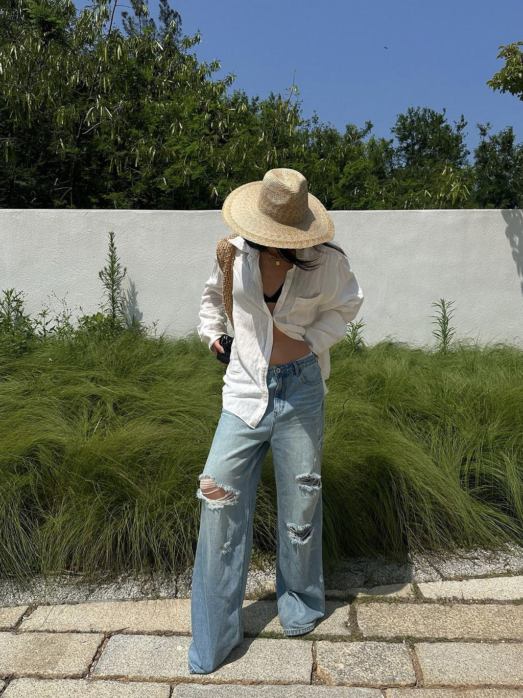 rovente Blue Wash Irregular Distressed Low Rise Women's Cotton Wide-leg Jeans