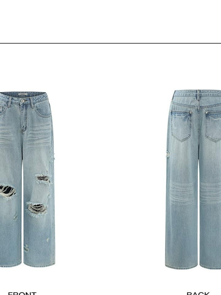 rovente Blue Wash Irregular Distressed Low Rise Women's Cotton Wide-leg Jeans