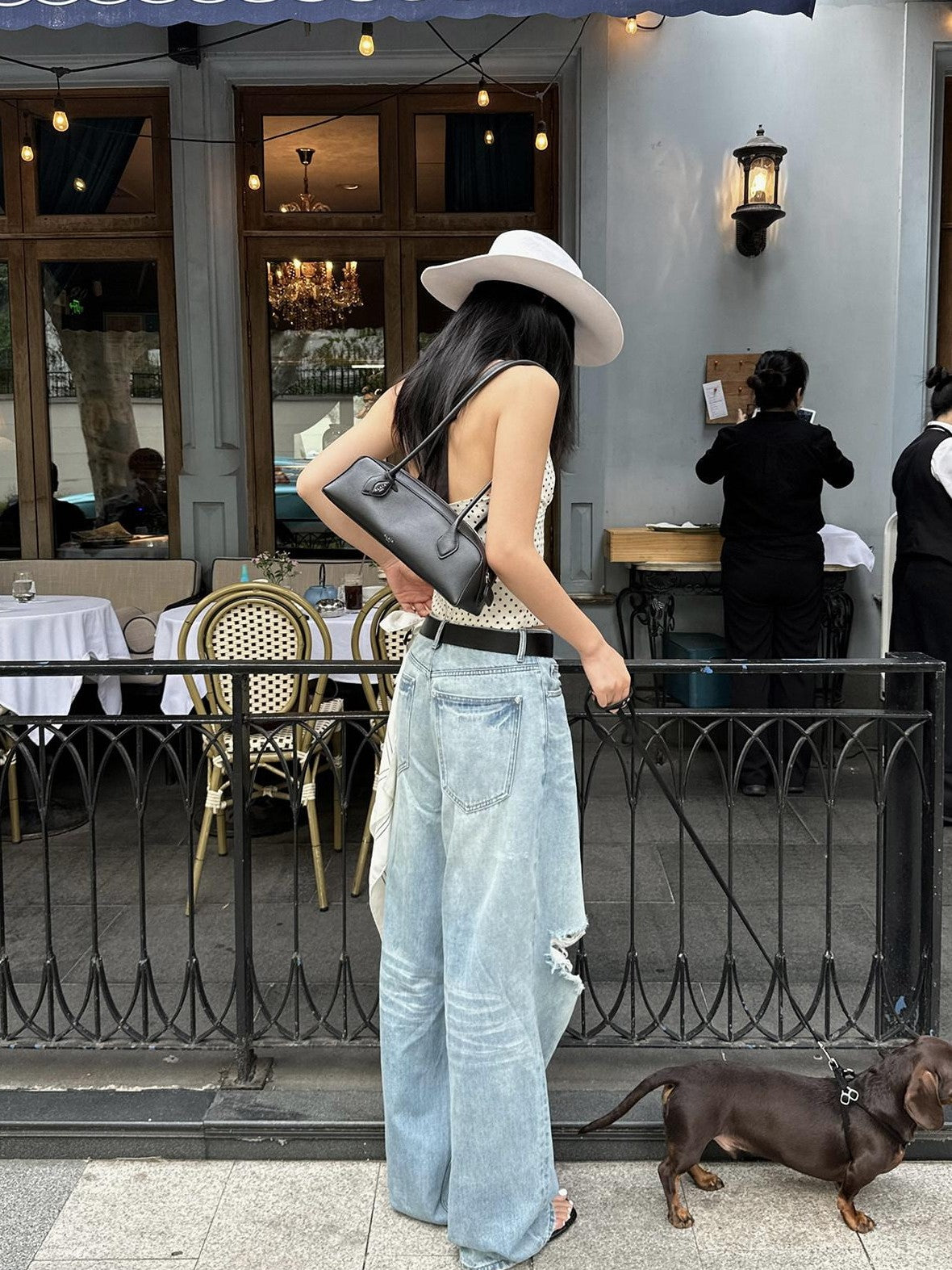 rovente Blue Wash Irregular Distressed Low Rise Women's Cotton Wide-leg Jeans
