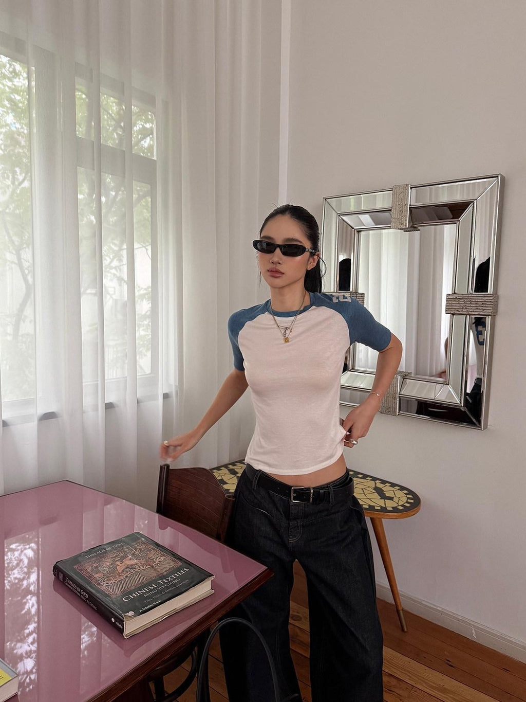 rovente Blue White Colorblock Raglan Printed Women's Lyocell Short Sleeve T-shirts