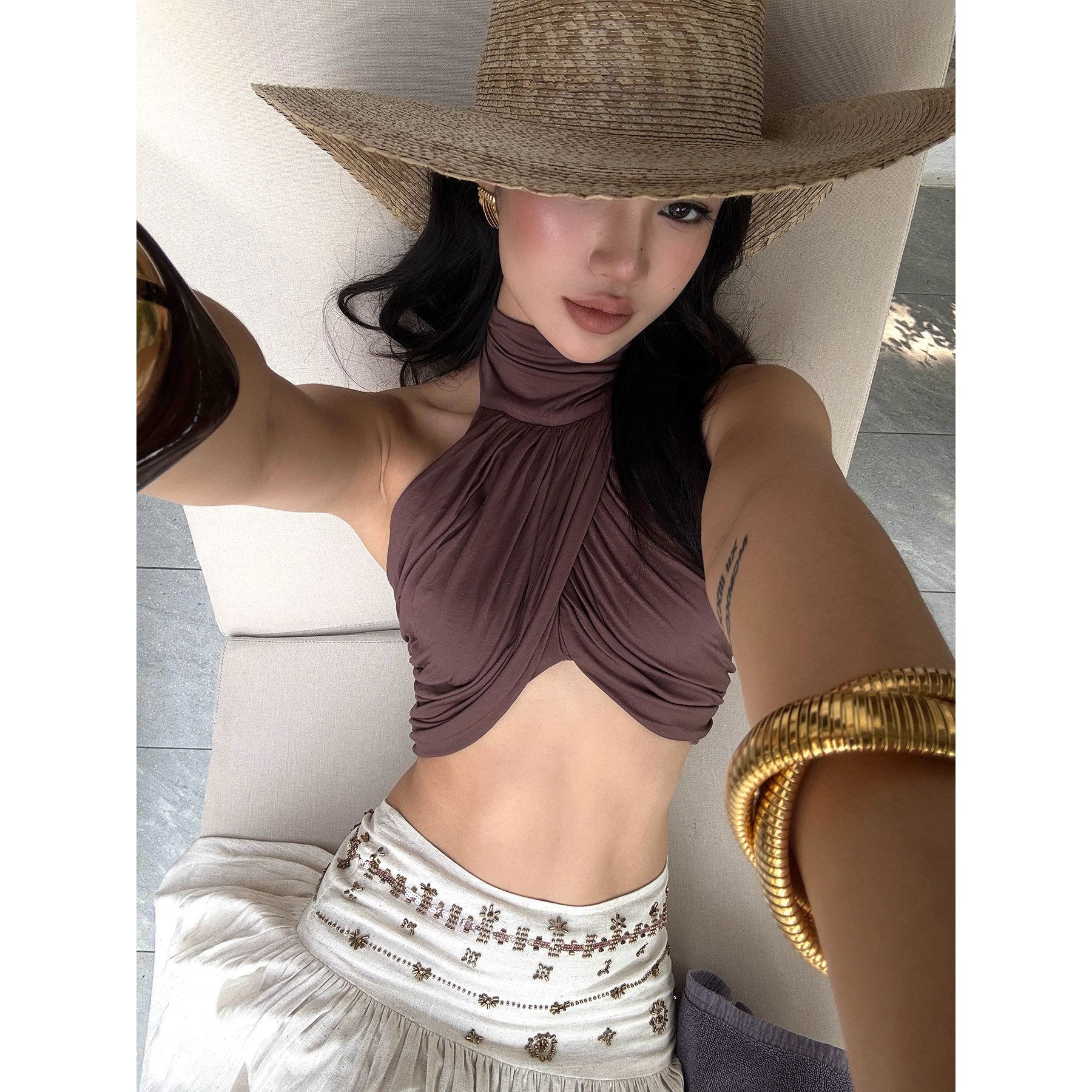 rovente_Brown_Backless_Off_Shoulder_High_Neck_Slim_Crop_Women's_Modal_Halter_Tops_921431284434_MISSTT