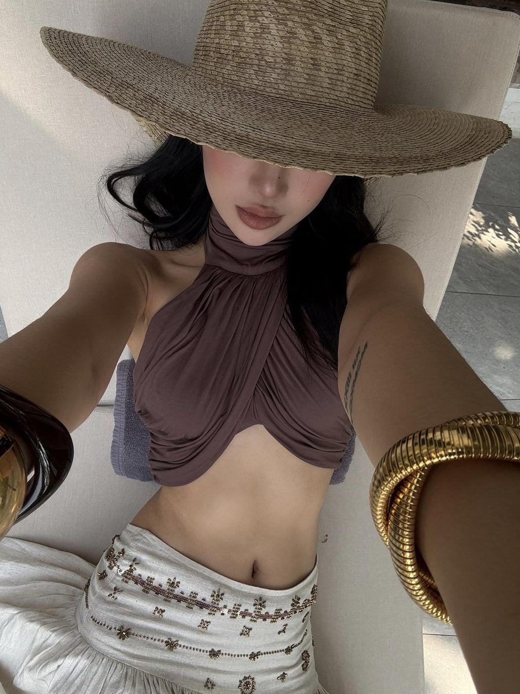 rovente Brown Backless Off Shoulder High Neck Slim Crop Women's Modal Halter Tops