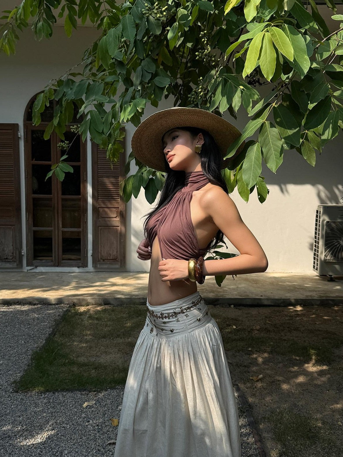 rovente Brown Backless Off Shoulder High Neck Slim Crop Women's Modal Halter Tops