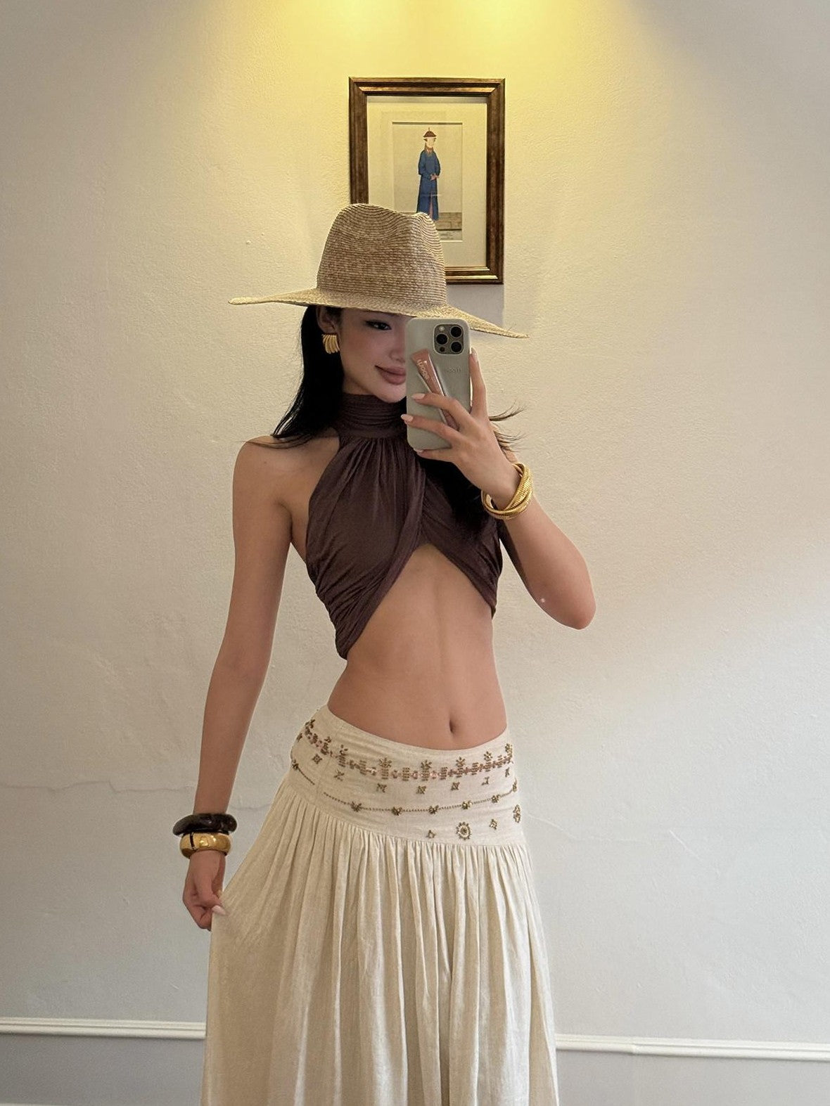 rovente Brown Backless Off Shoulder High Neck Slim Crop Women's Modal Halter Tops