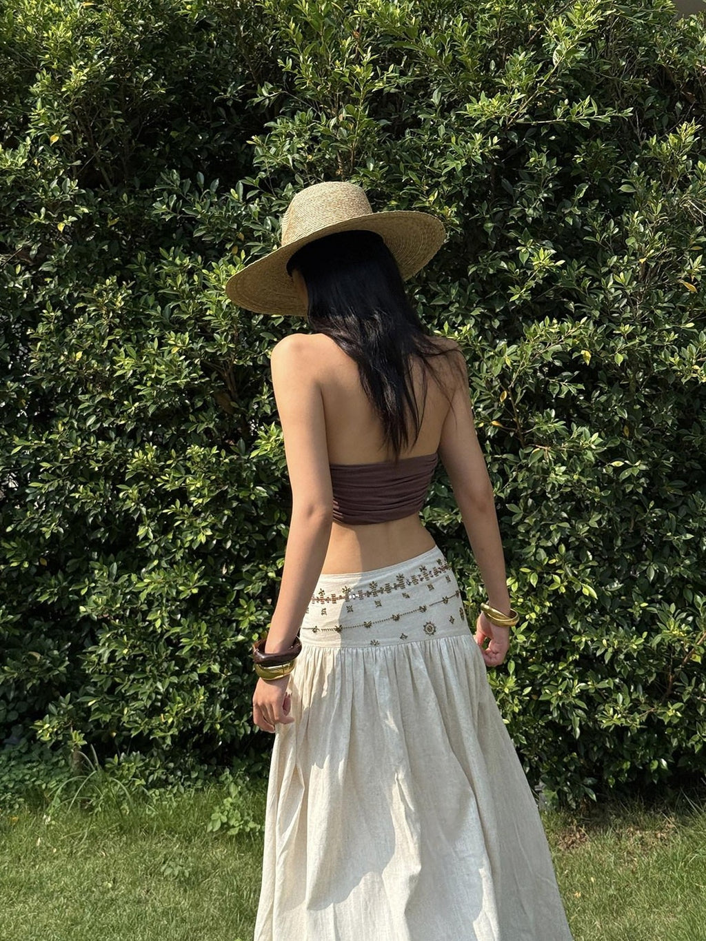 rovente Brown Backless Off Shoulder High Neck Slim Crop Women's Modal Halter Tops