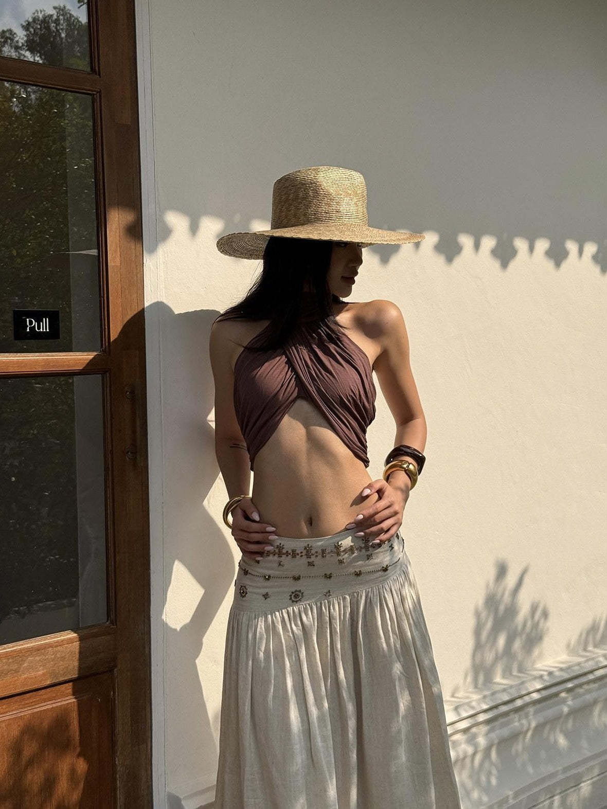 rovente Brown Backless Off Shoulder High Neck Slim Crop Women's Modal Halter Tops