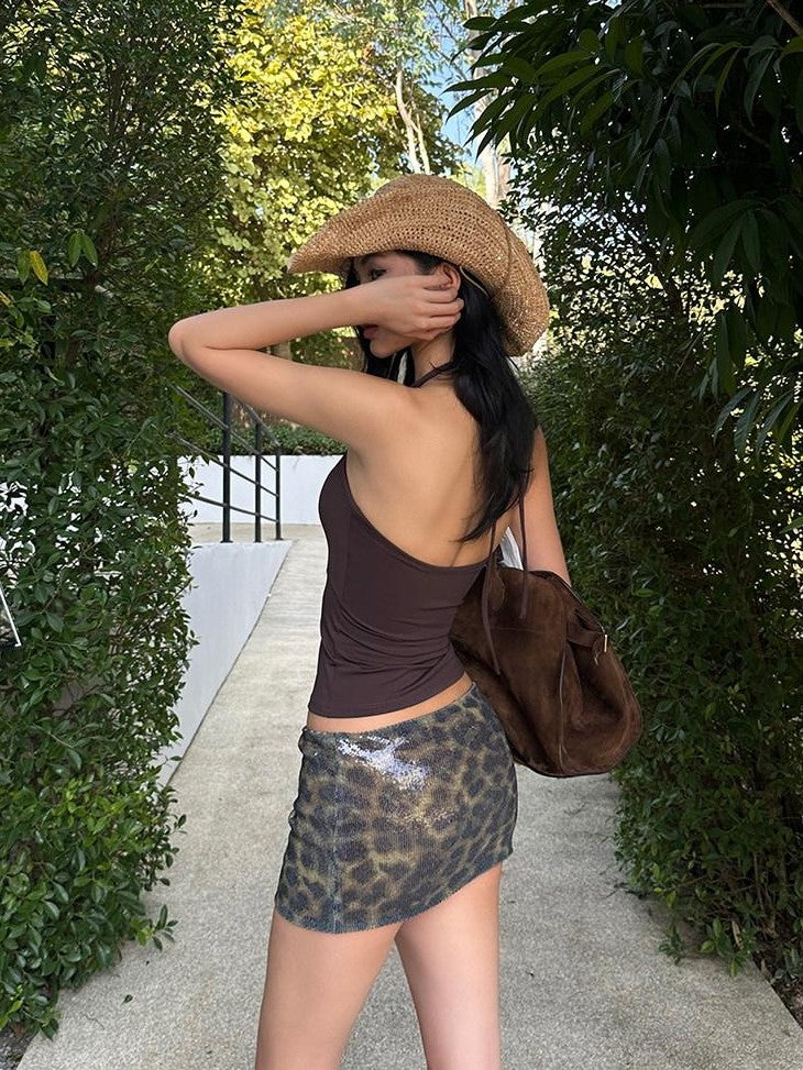 rovente Brown Leopard Print Sequin Bodycon Slim Women's Polyester Mini Skirts