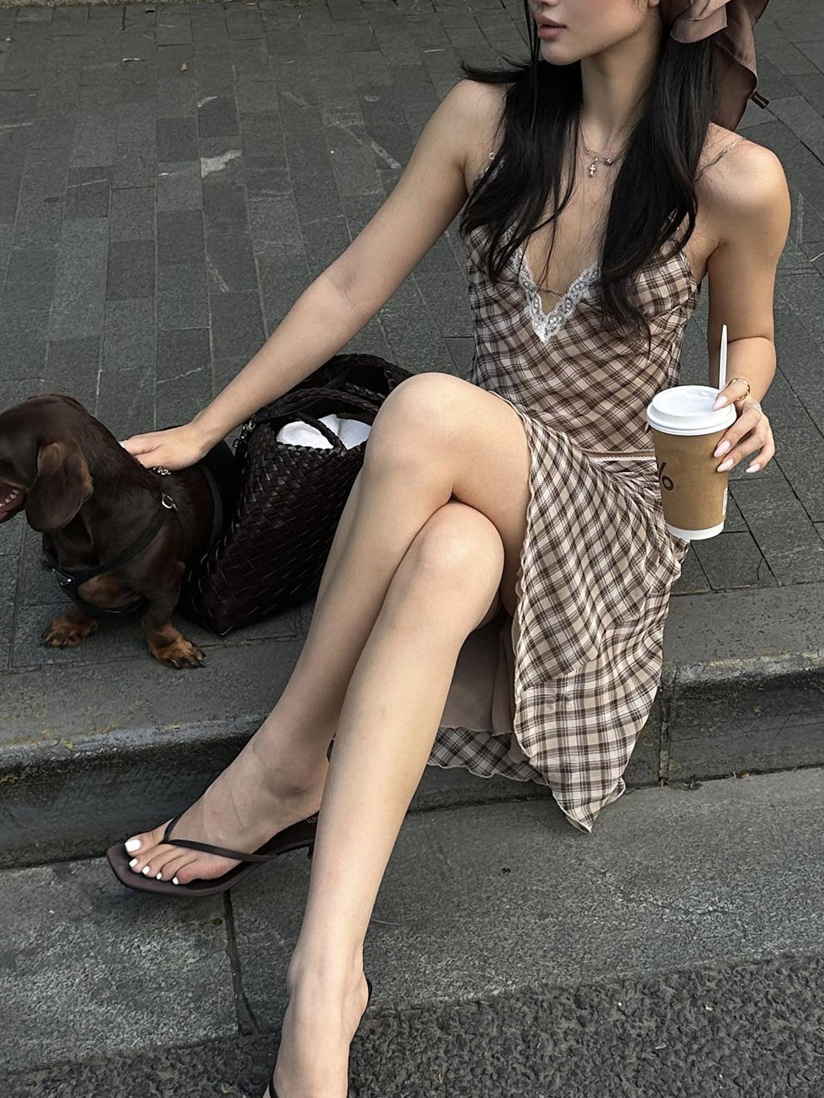 rovente Brown Plaid V-neck Camisole And Skirt Women's Polyester Matching Skirt Sets