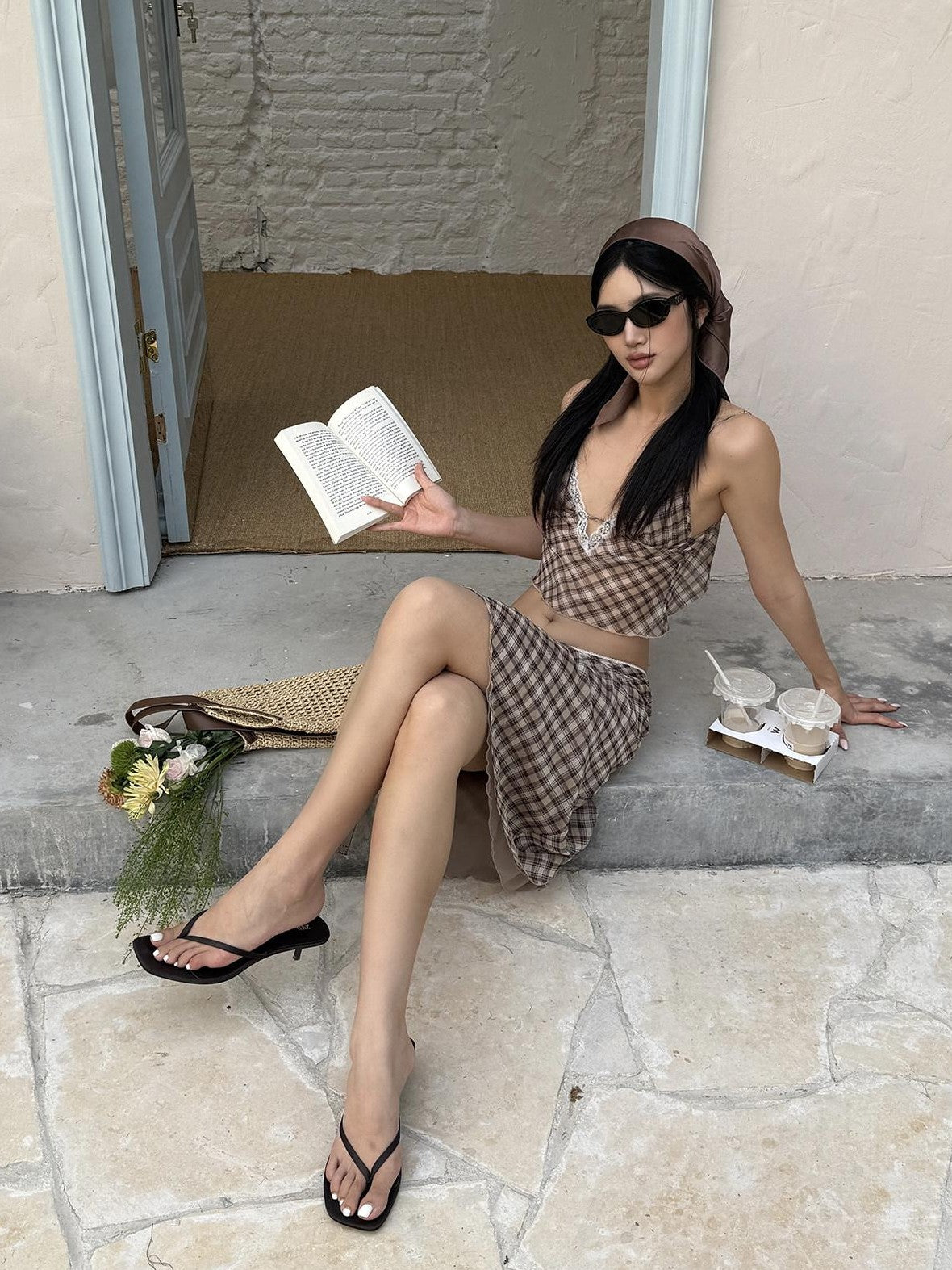 rovente Brown Plaid V-neck Camisole And Skirt Women's Polyester Matching Skirt Sets