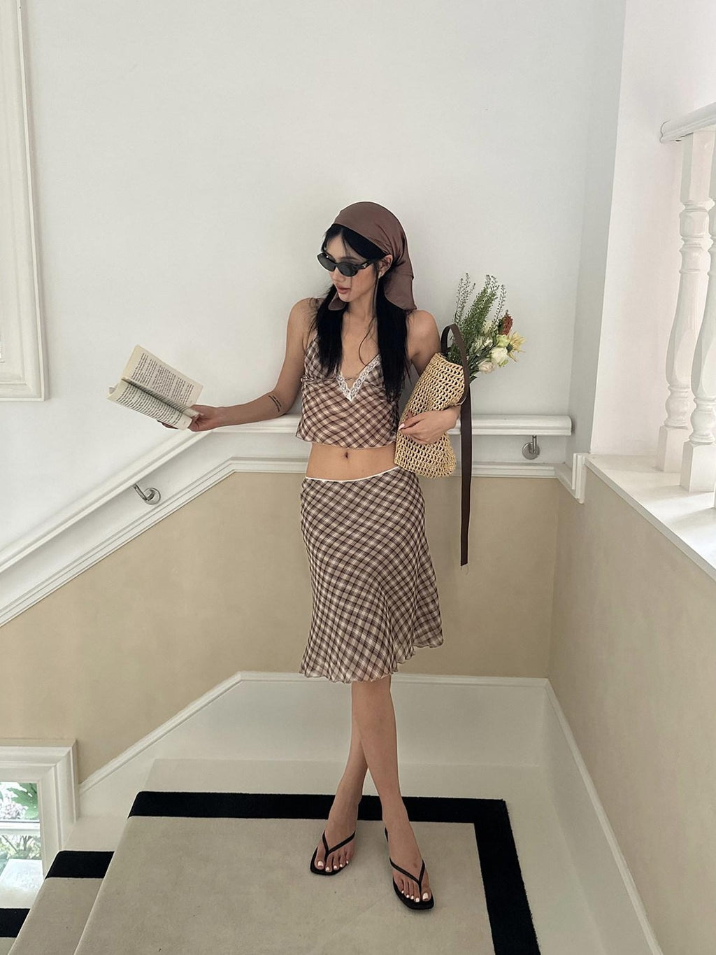 rovente Brown Plaid V-neck Camisole And Skirt Women's Polyester Matching Skirt Sets