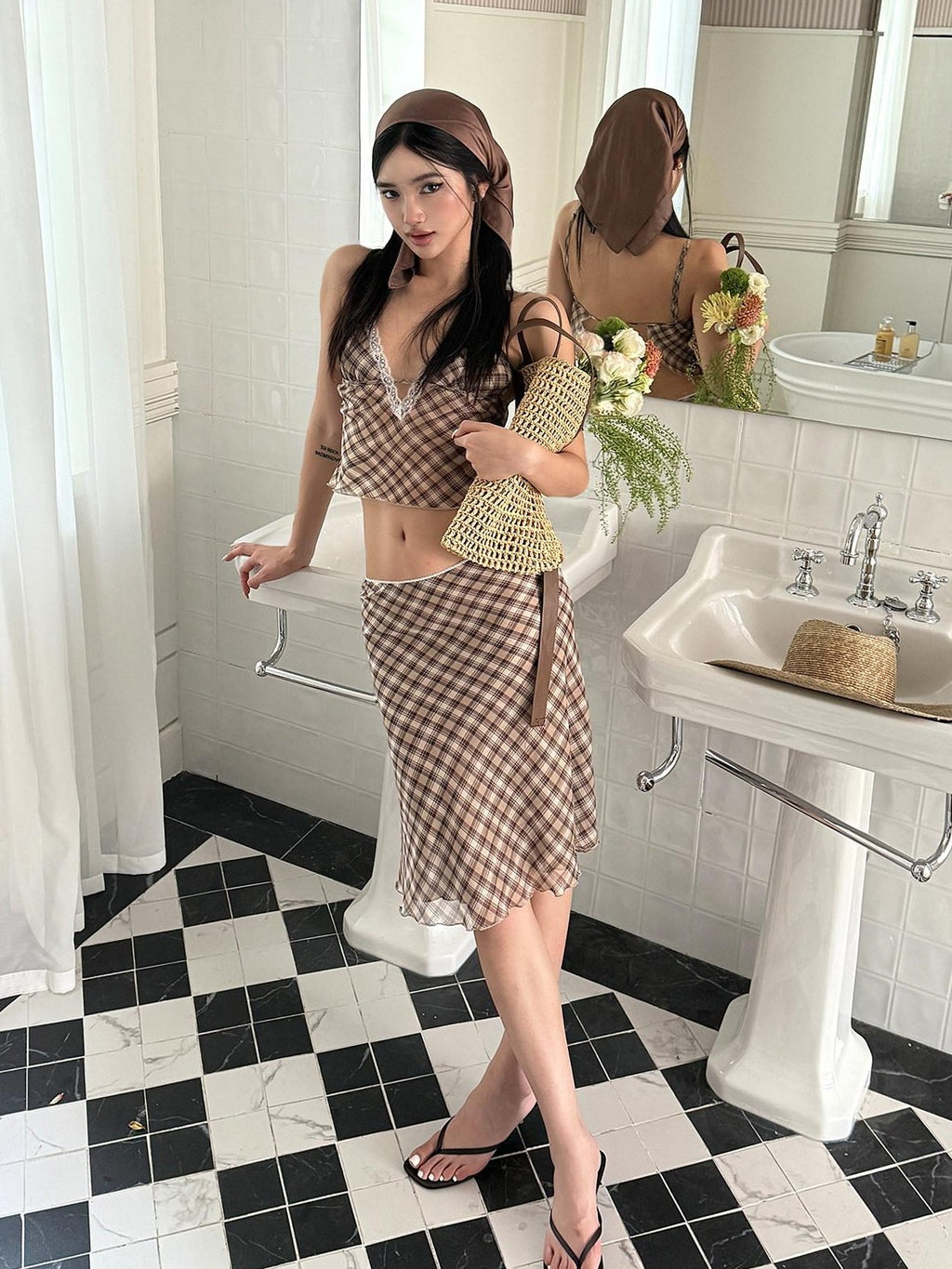 rovente Brown Plaid V-neck Camisole And Skirt Women's Polyester Matching Skirt Sets