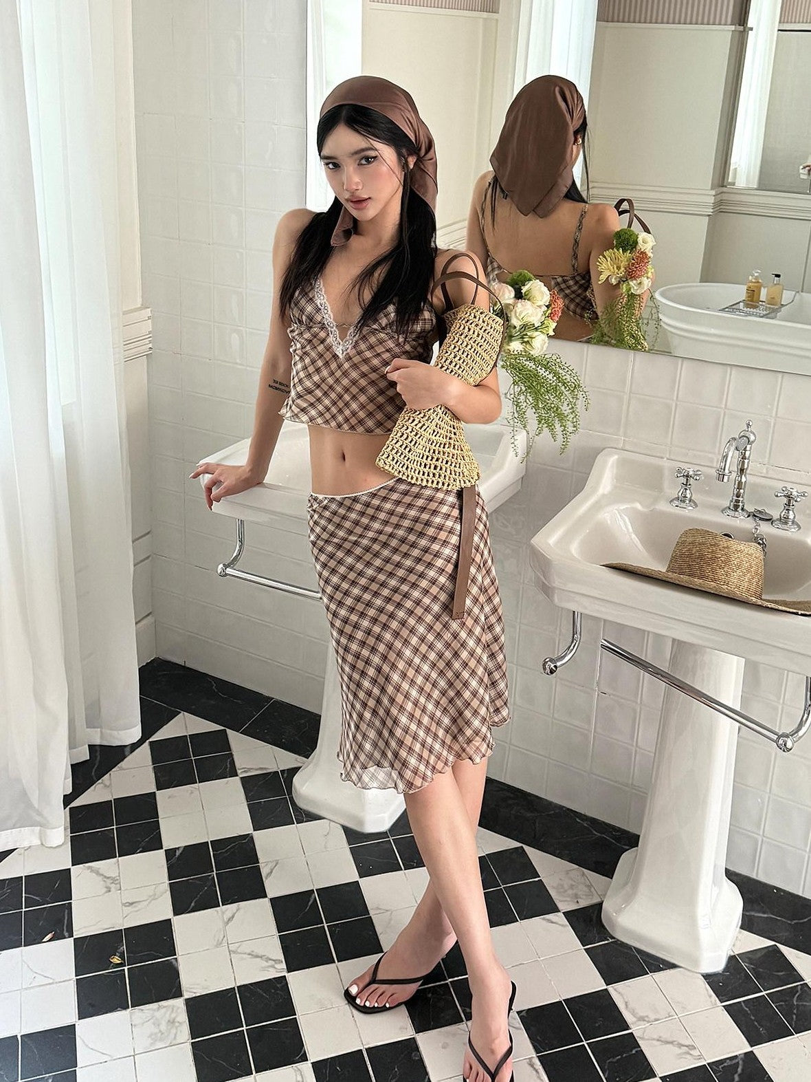 rovente Brown Plaid V-neck Camisole And Skirt Women's Polyester Matching Skirt Sets