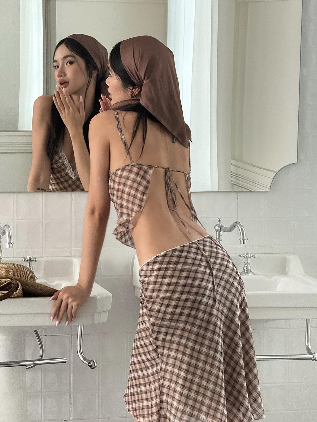rovente Brown Plaid V-neck Camisole And Skirt Women's Polyester Matching Skirt Sets