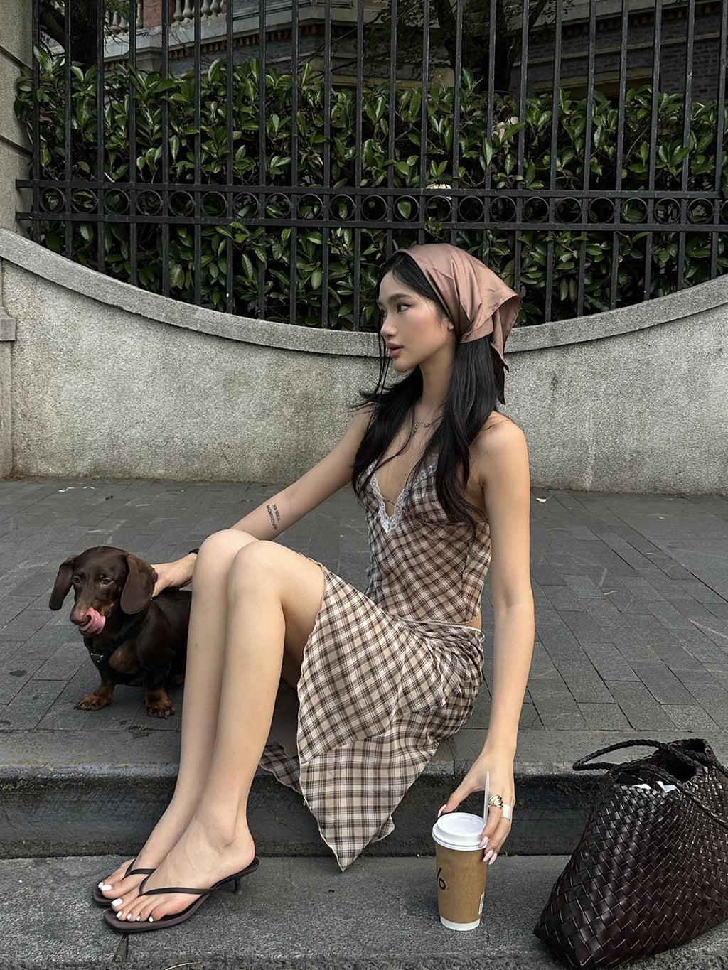 rovente Brown Plaid V-neck Camisole And Skirt Women's Polyester Matching Skirt Sets