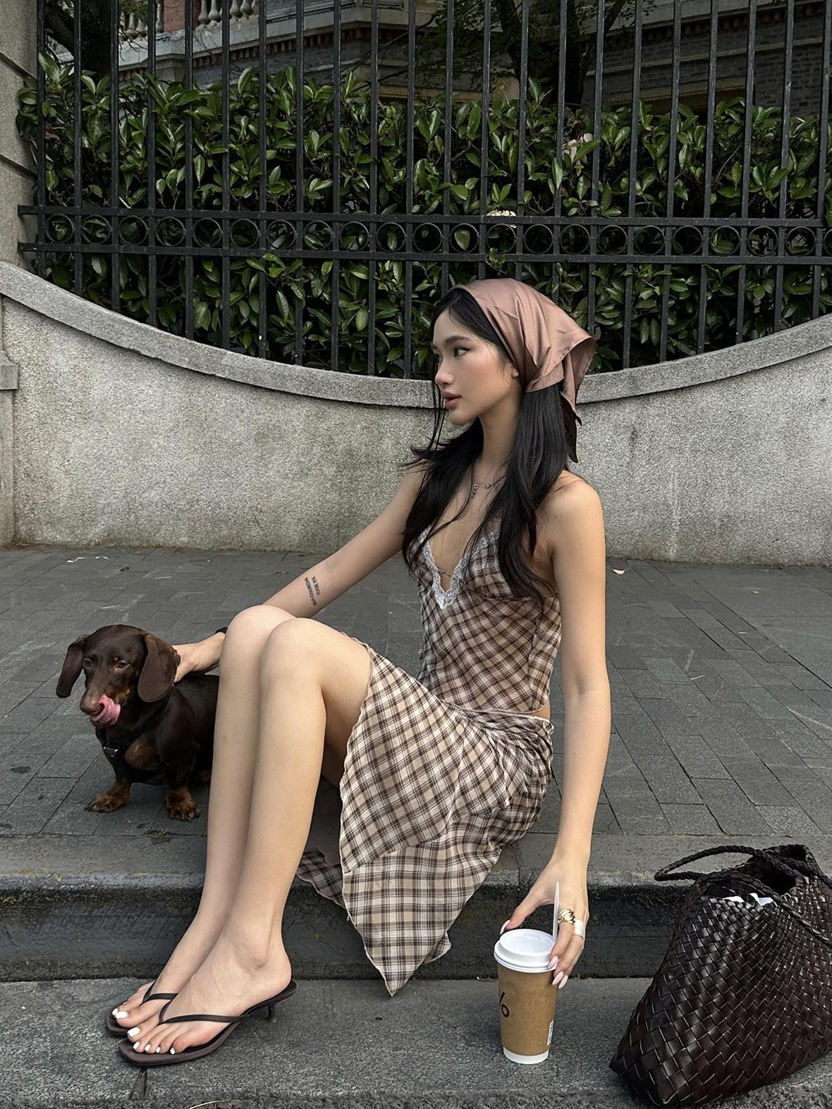 rovente Brown Plaid V-neck Camisole And Skirt Women's Polyester Matching Skirt Sets