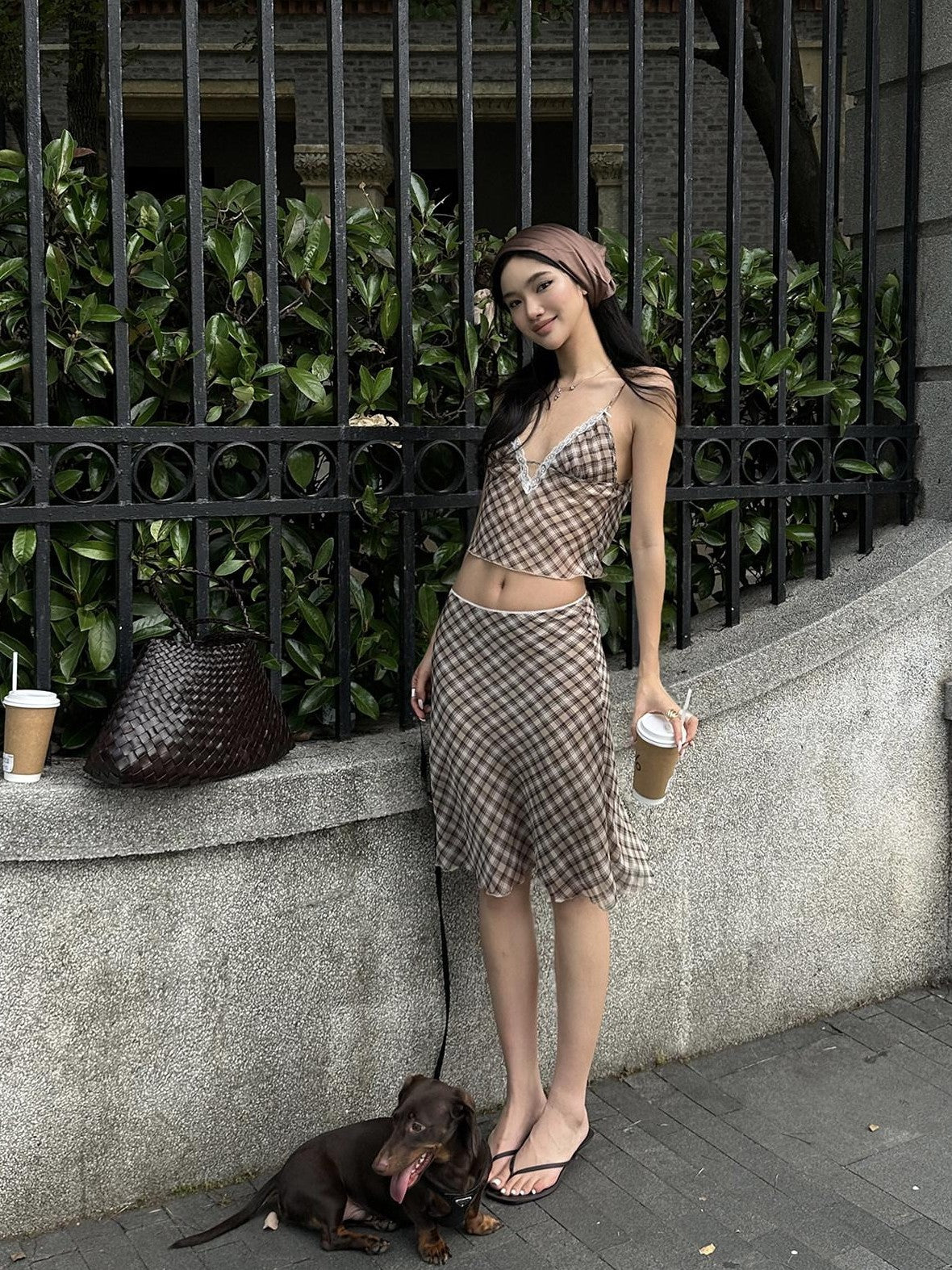 rovente Brown Plaid V-neck Camisole And Skirt Women's Polyester Matching Skirt Sets