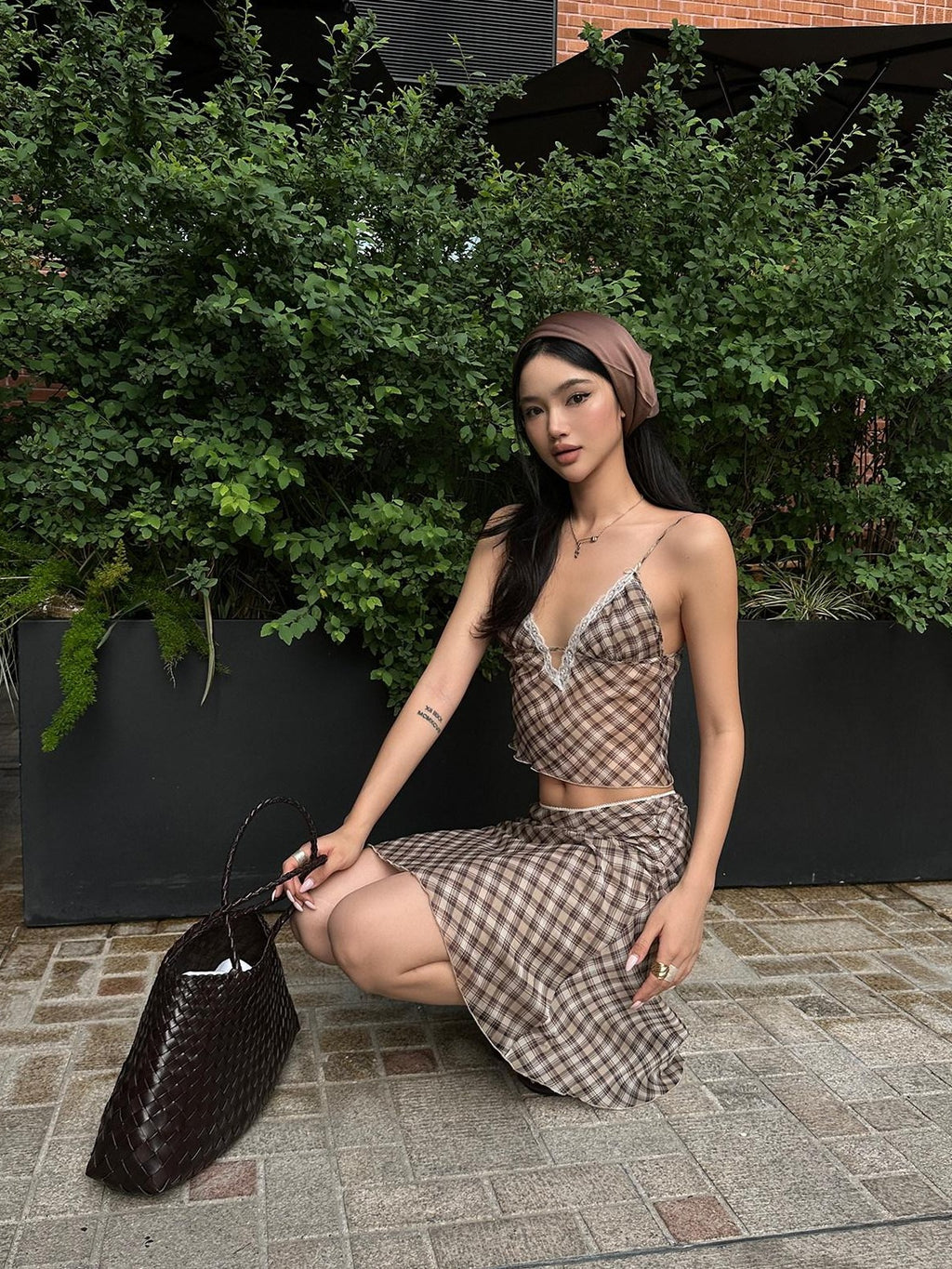 rovente Brown Plaid V-neck Camisole And Skirt Women's Polyester Matching Skirt Sets