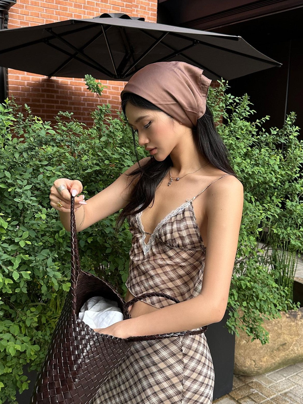 rovente Brown Plaid V-neck Camisole And Skirt Women's Polyester Matching Skirt Sets