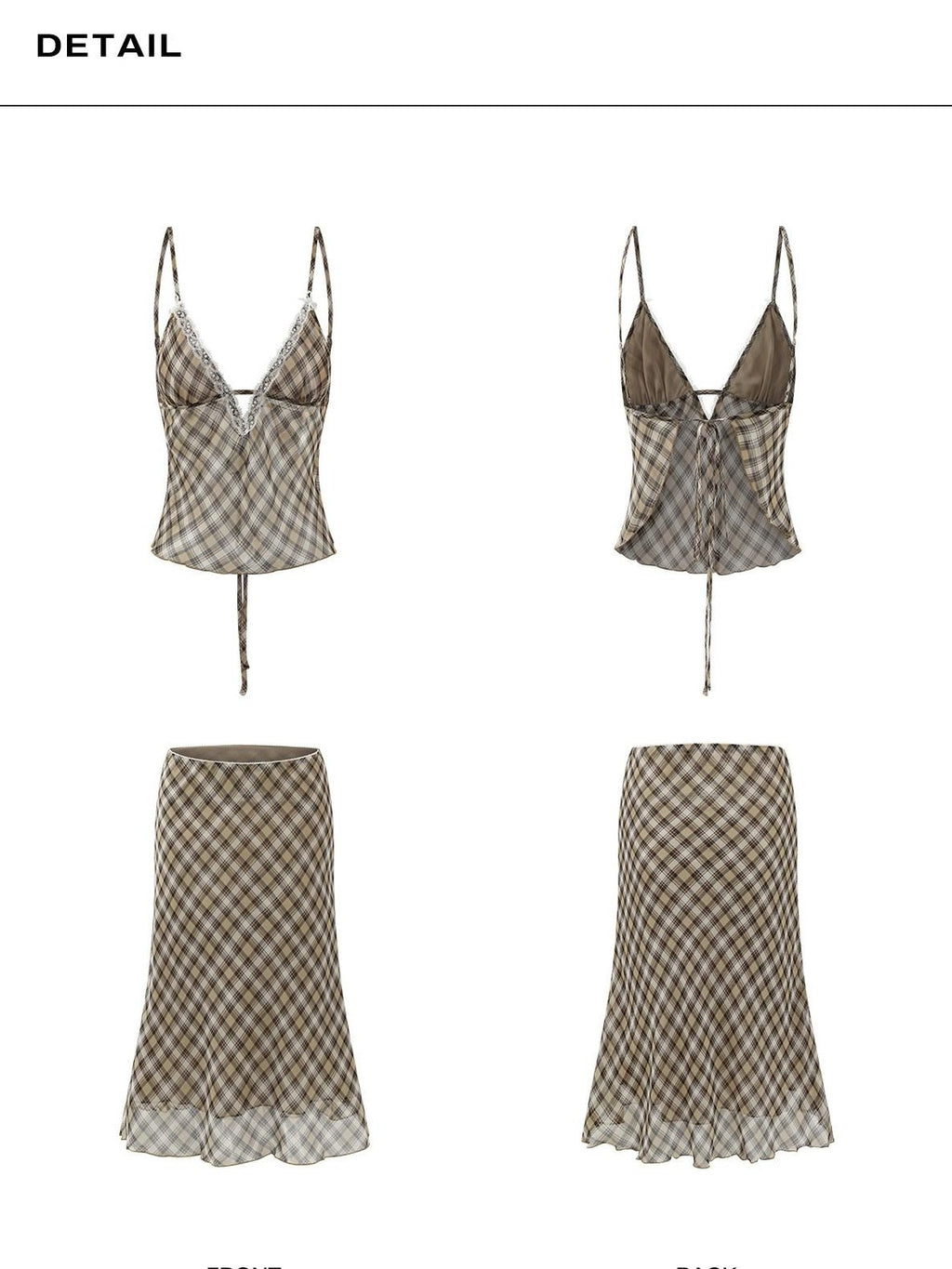rovente Brown Plaid V-neck Camisole And Skirt Women's Polyester Matching Skirt Sets