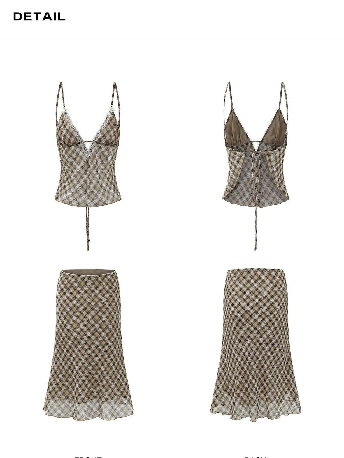 rovente Brown Plaid V-neck Camisole And Skirt Women's Polyester Matching Skirt Sets