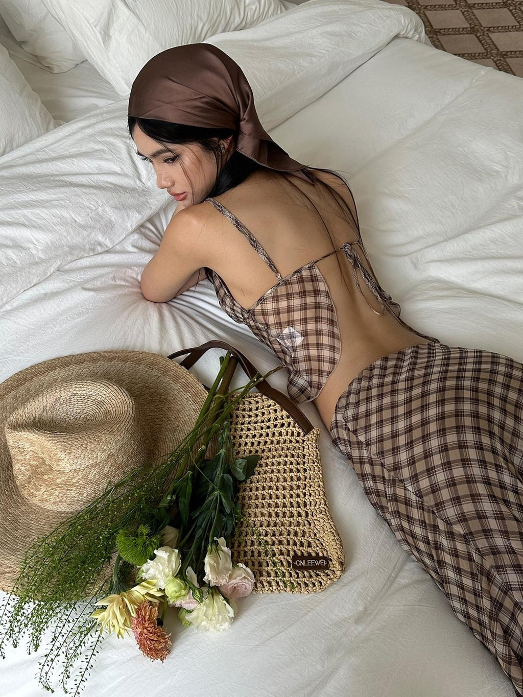 rovente Brown Plaid V-neck Camisole And Skirt Women's Polyester Matching Skirt Sets