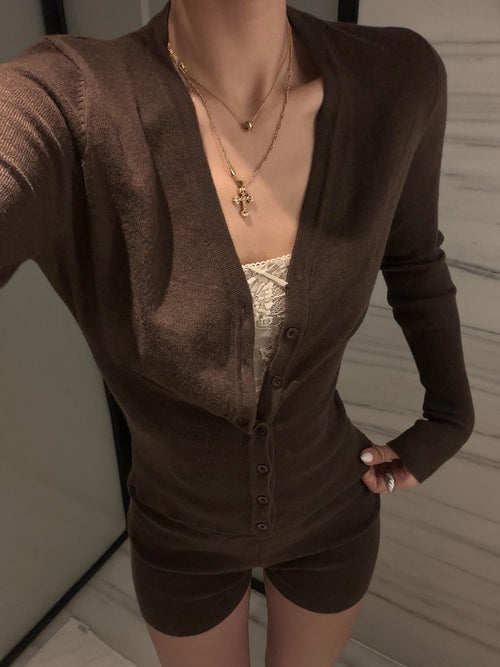 rovente Brown Slim Fit Vintage Cardigan Women's Casual Top & Shorts Sets