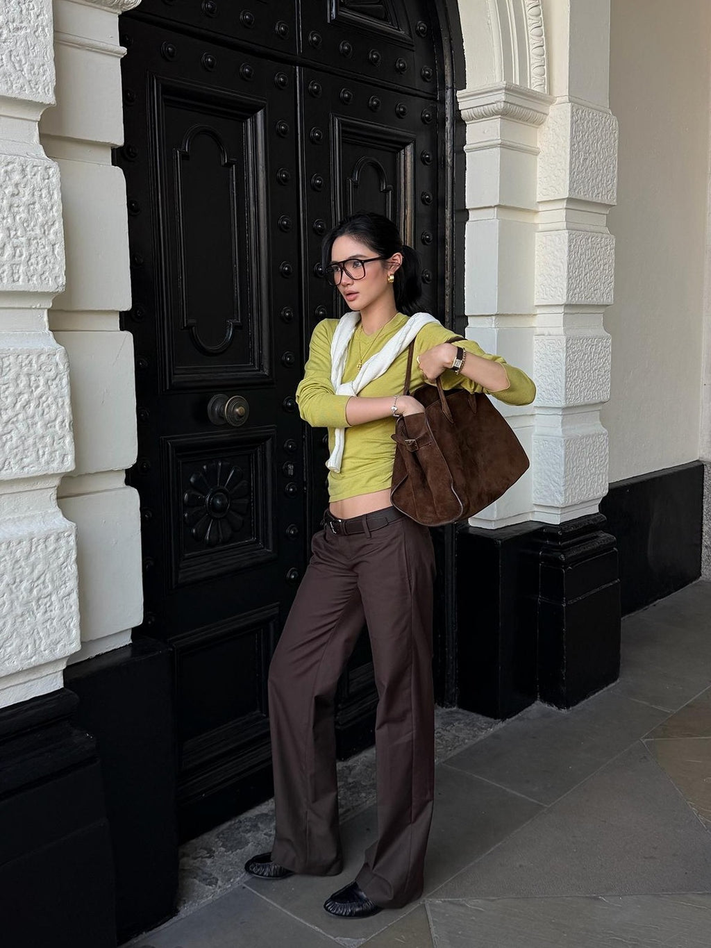 rovente Brown Solid Color Straight Leg Cotton Women's Tailored Pants