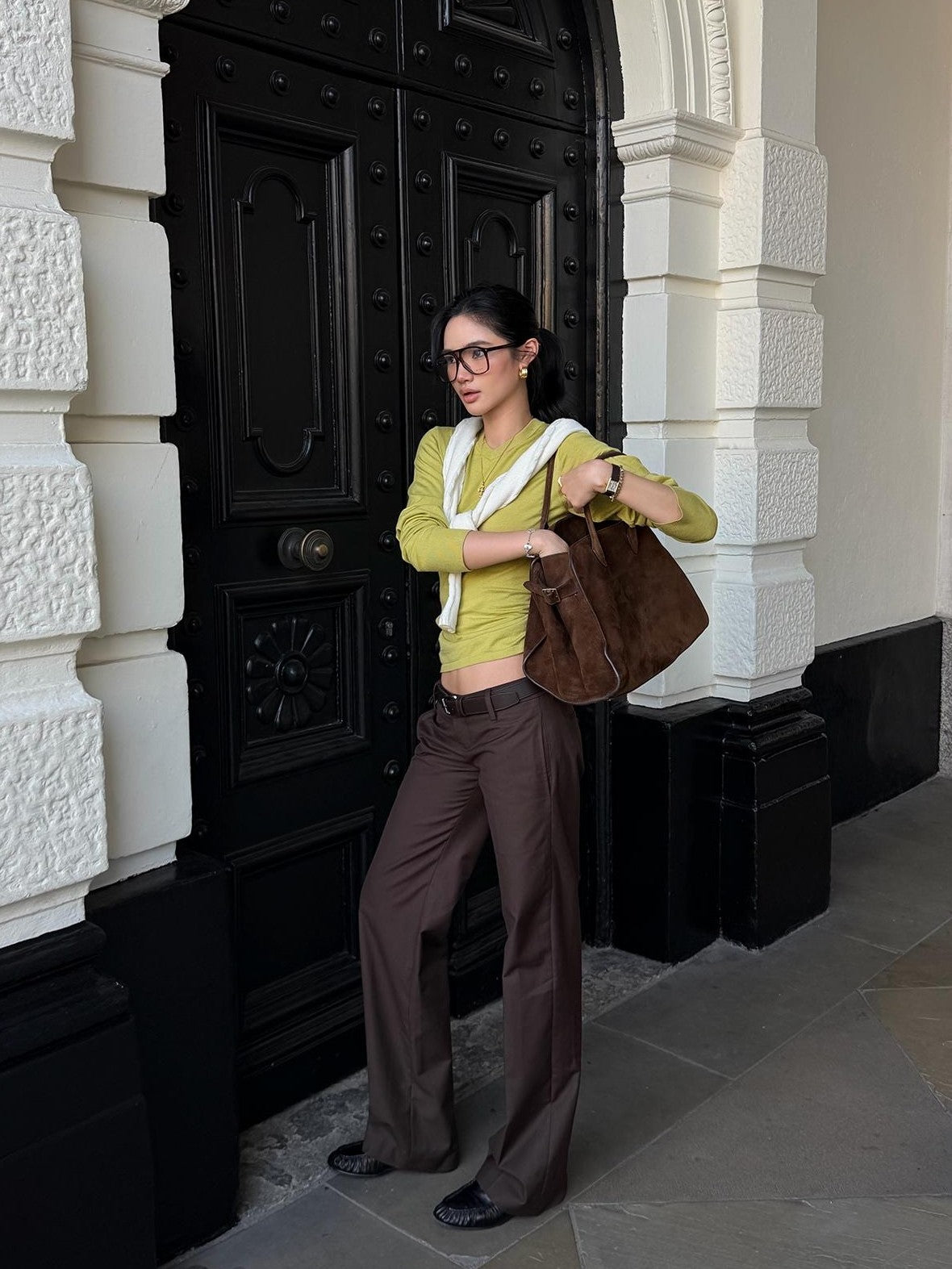 rovente Brown Solid Color Straight Leg Cotton Women's Tailored Pants